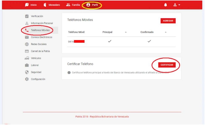 La Plataforma Patria utiliza el teléfono certificado como uno de los elementos necesarios para alcanzar el nivel de verificación