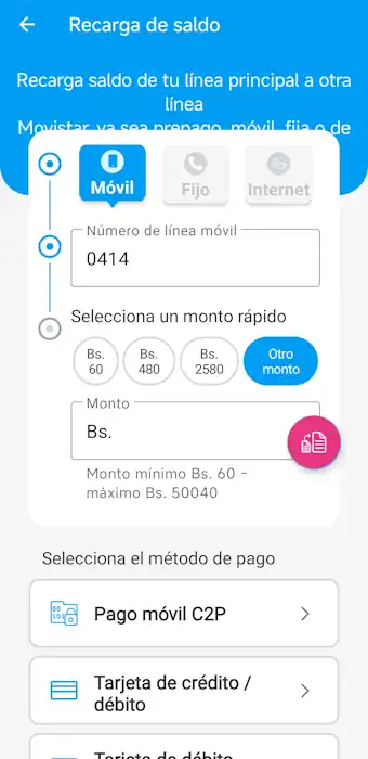 Ingresa el monto que desees recargar saldo movistar con pago móvil