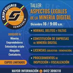 Criptojuris Venezuela dictará taller sobre aspectos legales de la minería digital el 16 de diciembre