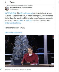 Más bonos del Sistema Patria entre el 11 y el 17 de diciembre 2021 en Venezuela