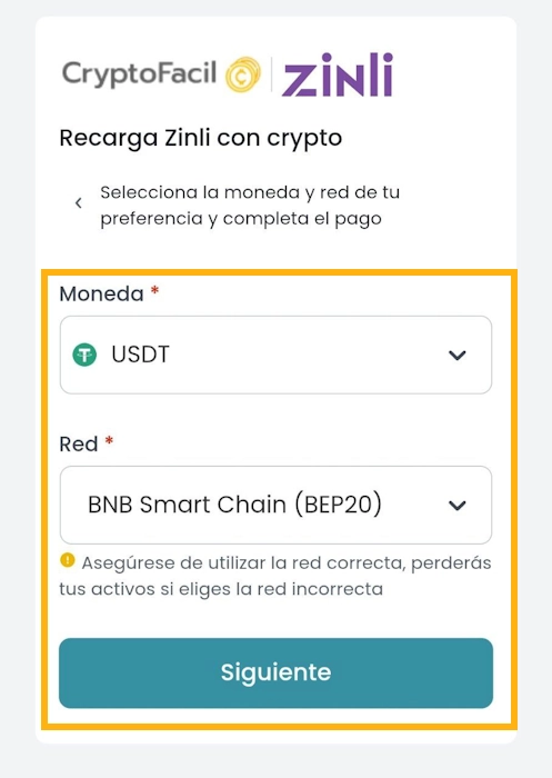 Elige una criptomoneda y una red para recargar Zinli desde Venezuela