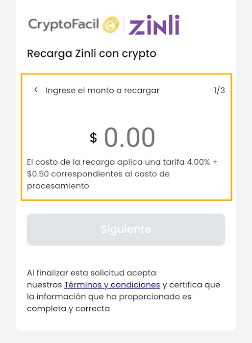 Ingresa el monto a enviar a Zinli desde CryptoFacil
