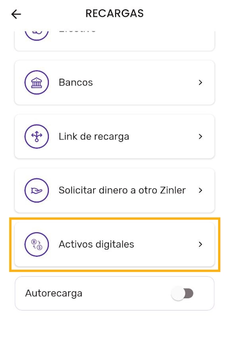 Presiona en "Activos Digitales" para recargar Zinli con criptomonedas desde Venezuela