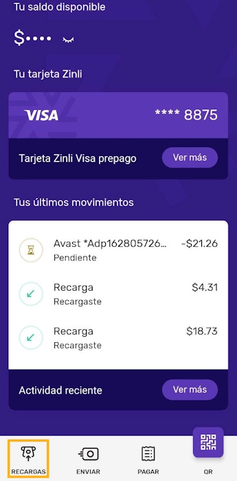 Presiona en "Recargas" en Zinli para recargar saldo con criptomonedas, desde Binance o una crypto wallet, desde Venezuela