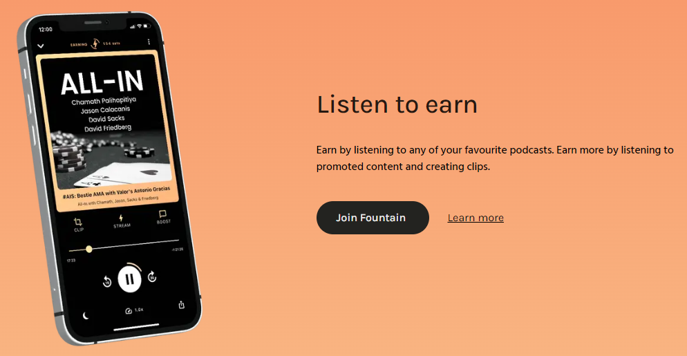 Gana bitcoin por escuchar podcast con la app Fountain