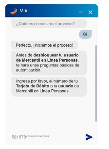 Coloca tu usuario o número de tarjeta de débito del Mercantil