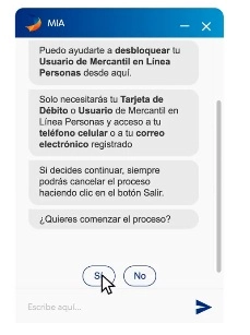 Confirma que quieres iniciar el proceso de desbloqueo de usuario Mercantil