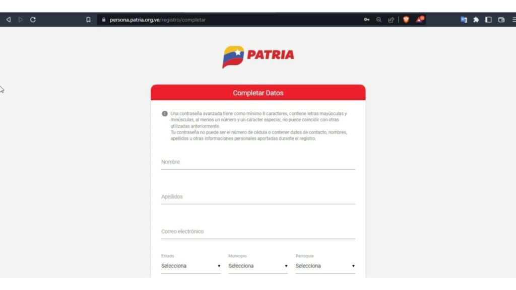Ingresa tus datos personales en el registro de la Plataforma Patria.