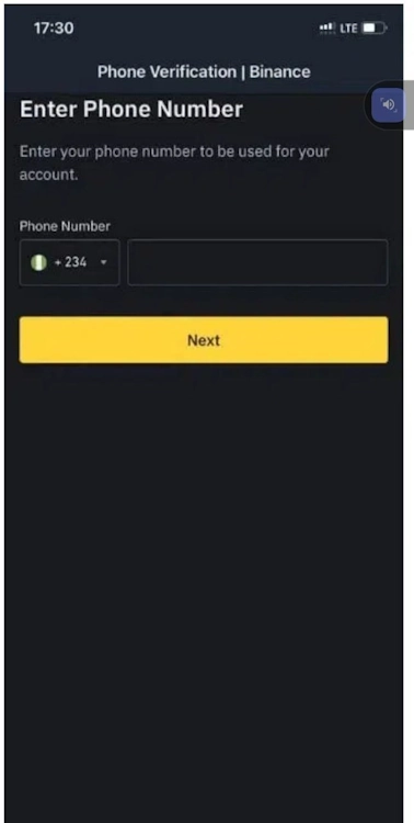 Agrega el código internacional de tu país, el número telefónico para registrarte en Binance y haz clic en “Siguiente”