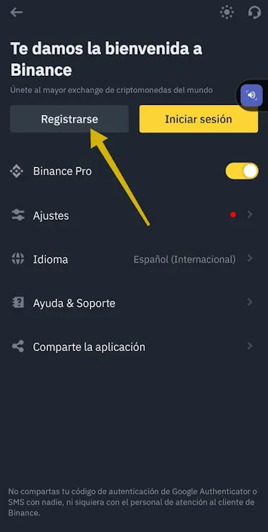 Haz clic en la opción “Registrarse” en la app de Binance