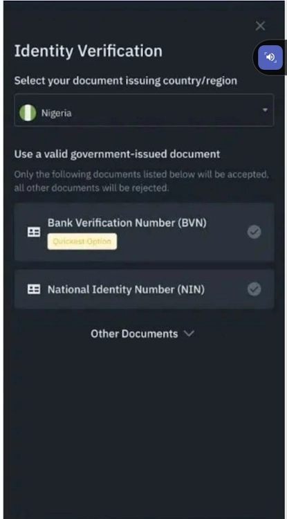 Selecciona tu país de origen. Debes subir a Binance tu cédula de identidad, pasaporte o licencia de conducir