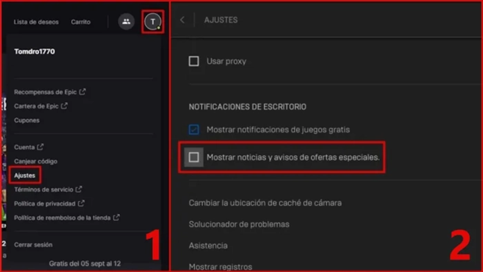 Desactivar anuncios y notificaciones en Epic Games