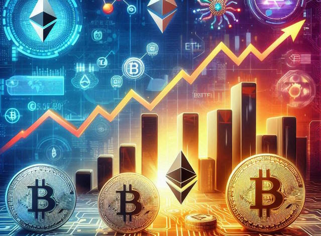 Gráficos de crecimiento de Bitcoin y Ethereum hacia nuevos máximos históricos en 2025, con símbolos de finanzas descentralizadas y ETF.