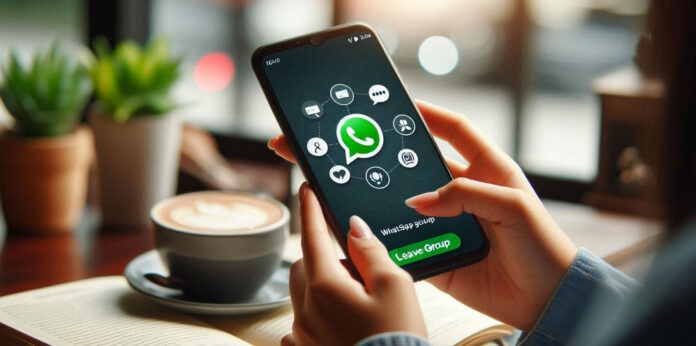 Persona usando un teléfono móvil con la interfaz de WhatsApp, mostrando la opción 'Salir del grupo', simbolizando cómo salir de un grupo de WhatsApp sin que nadie se entere.