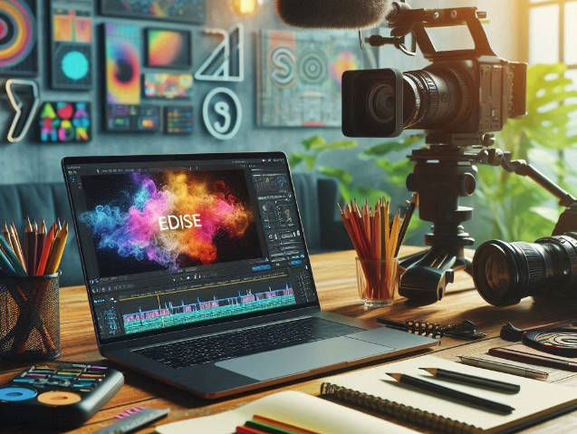 Escritorio creativo con software de edición de video DaVinci Resolve y Shotcut, herramientas de grabación y gráficos coloridos para la producción de video.