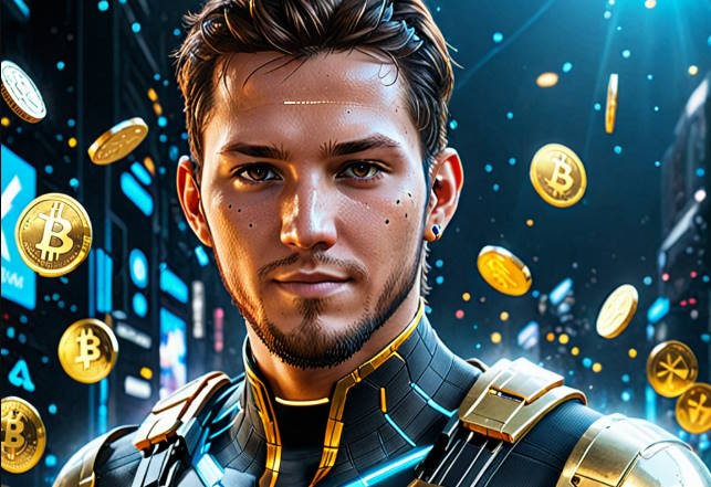 Ilustración de un mundo virtual con un avatar de jugador en 3D rodeado de monedas digitales flotantes y símbolos de blockchain, destacando la conexión entre videojuegos y tecnología descentralizada.