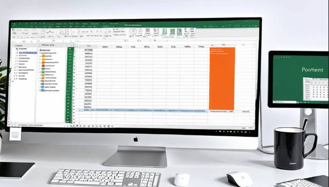 Computadora portátil en un escritorio mostrando las interfaces de Word, Excel y PowerPoint abiertas en la pantalla. Alrededor, una taza de café y una planta decorativa en un entorno limpio y profesional que refleja accesibilidad y productividad.