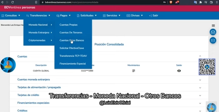 En la web del Banco de Venezuela selecciona “Transferencias”, luego «Moneda nacional» y después «Cuentas otros bancos».