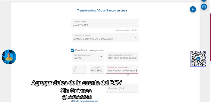 Agrega los datos de la cuenta jurídica del Banco Central de Venezuela sin guiones