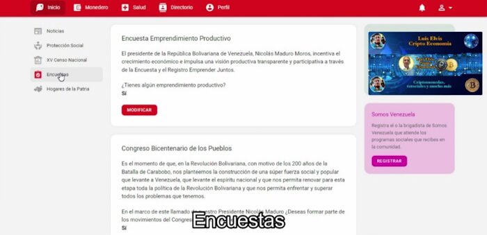 En la web del Sistema Patria dale clic a “Encuestas” 