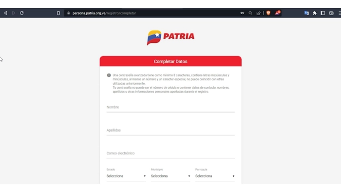 Ingresa tus datos personales en el registro de la Plataforma Patria