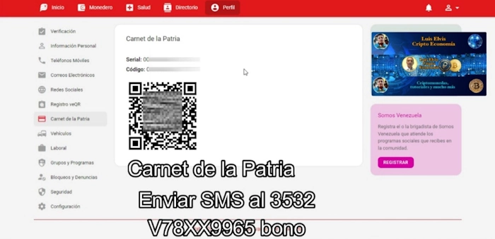 Para que el Sistema Patria detecte que estás activo en la plataforma debes enviar un mensaje de texto al 3532, seguido por tu número de cédula (V18XXXX01) y la palabra “bono”