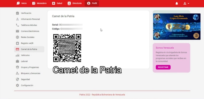 Selecciona “Perfil” – Carnet de la Patria, imprímelo o escanéalo a través de la aplicación veQR con un miembro del Movimiento “Somos Venezuela” ubicado en tu comunidad