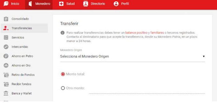 Seleccionas el «Monedero origen» y seguidamente agregas el monto a pagar.