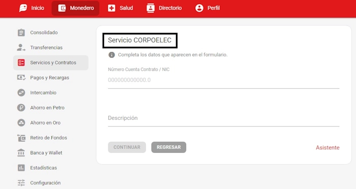 Ingresa los datos de Corpoelec en Patria