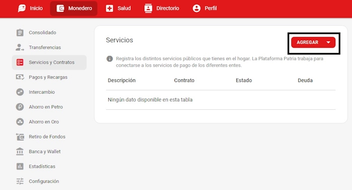 Selecciona «Agregar» para añadir tu cuenta de Corpoelec en Patria