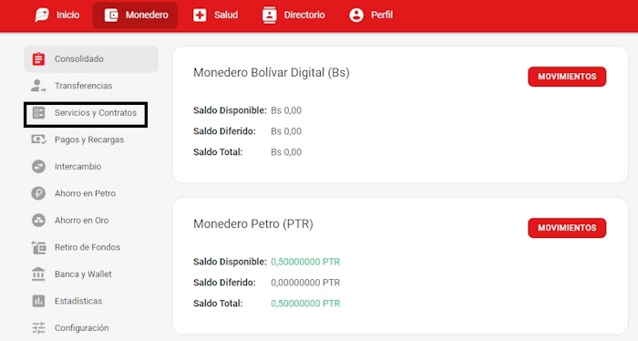 Selecciona «Servicios y contratos» en Sistema Patria