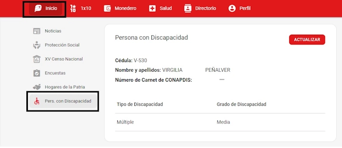 Completa los datos en la opción «Personas con Discapacidad» en Patria para recibir el Bono Único Familiar por el Dr. José Gregorio Hernández