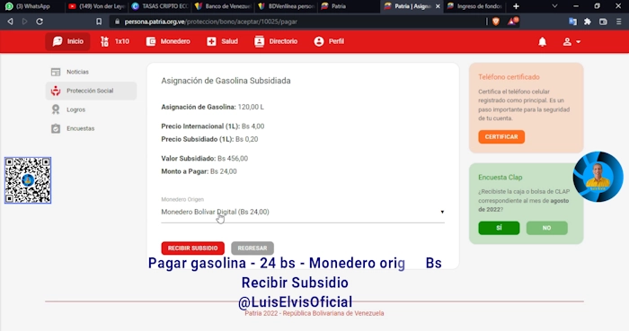 Haz clic en recibir subsidio de la gasolina premium en Patria