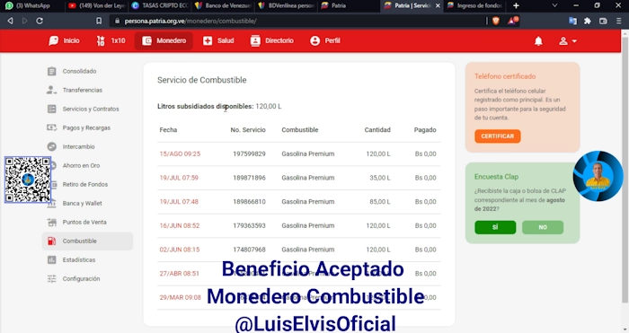 La Plataforma Patria ya te asignó tu cuota mensual de 120 litros de gasolina subsidiada