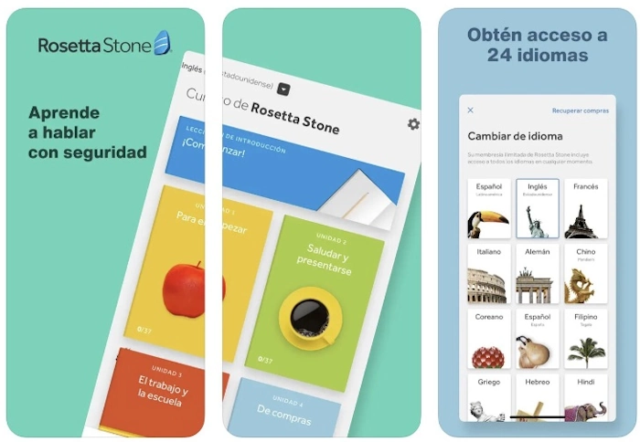 Rosetta Stone es una aplicación versátil que ofrece 24 idiomas para aprender