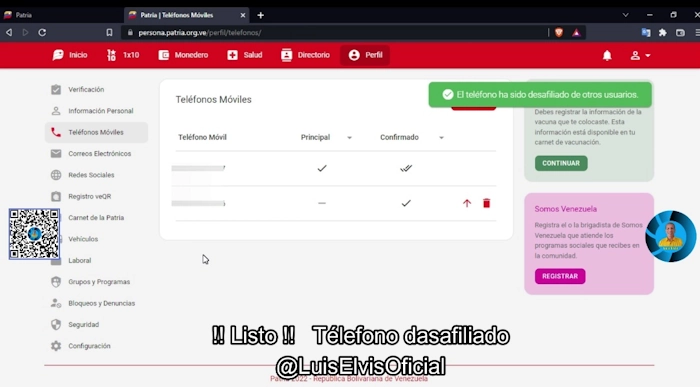 El número de teléfono fue desactivado satisfactoriamente de tu cuenta en Patria