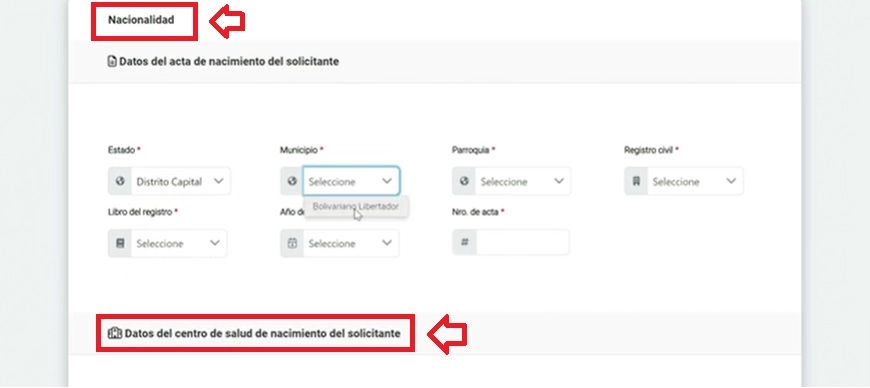 Completa los datos de nacimiento del solicitante y el centro de salud donde nació