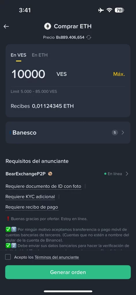Genera la orden y sigue las instrucciones del vendedor para transferir los fondos para Comprar Ethereum en Binance P2P