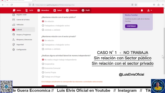 Si no trabajas, deberás colocar en Patria que no trabajas