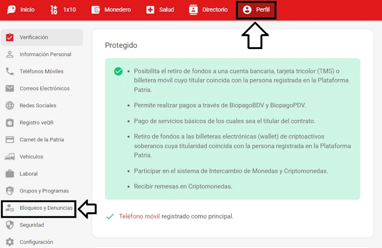 haz clic en “Perfil” y luego en “Bloqueos y Denuncias”
