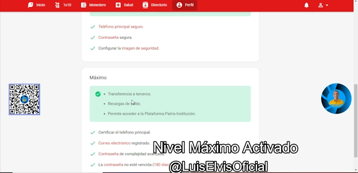 ingresa a “Perfil” y confirma que el nivel “Máximo” de seguridad en Patria esté en color verde
