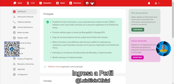 Ingresa a “Perfil” en Patria y verifica que en la opción “Protegido” todo esté actualizado