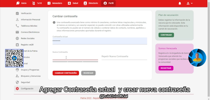 Luego de hacer clic en “Contraseña de complejidad avanzada”, cambia tu clave en Patria colocando la contraseña actual.