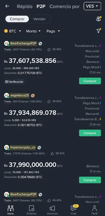 Agregas tu cuenta o cuentas bancarias, luego en la opción P2P y eliges BTC (bitcoin) 