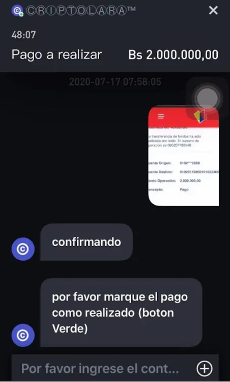 Realizada la transferencia le envías la captura y confirmas el pago